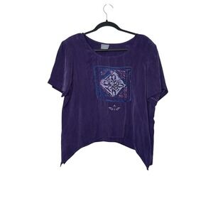 Rabbit Designs Vintage Purple Rayon Handkerchief Hem Graphic Blouse 14P Made USA